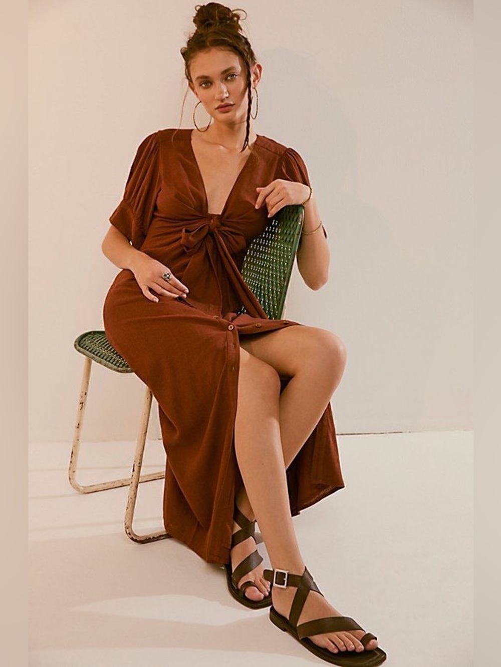 Free People Vintage Summer Midi Dress Rust Red Midi Tie-Front Button Dress Small
